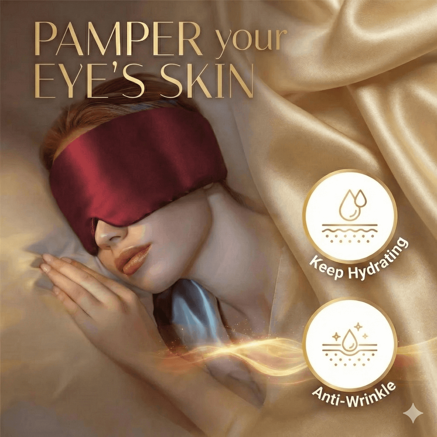 Premium Mulberry Silk Sleep Mask for Side Sleepers shown on a woman resting with anti-wrinkle and hydrating features.