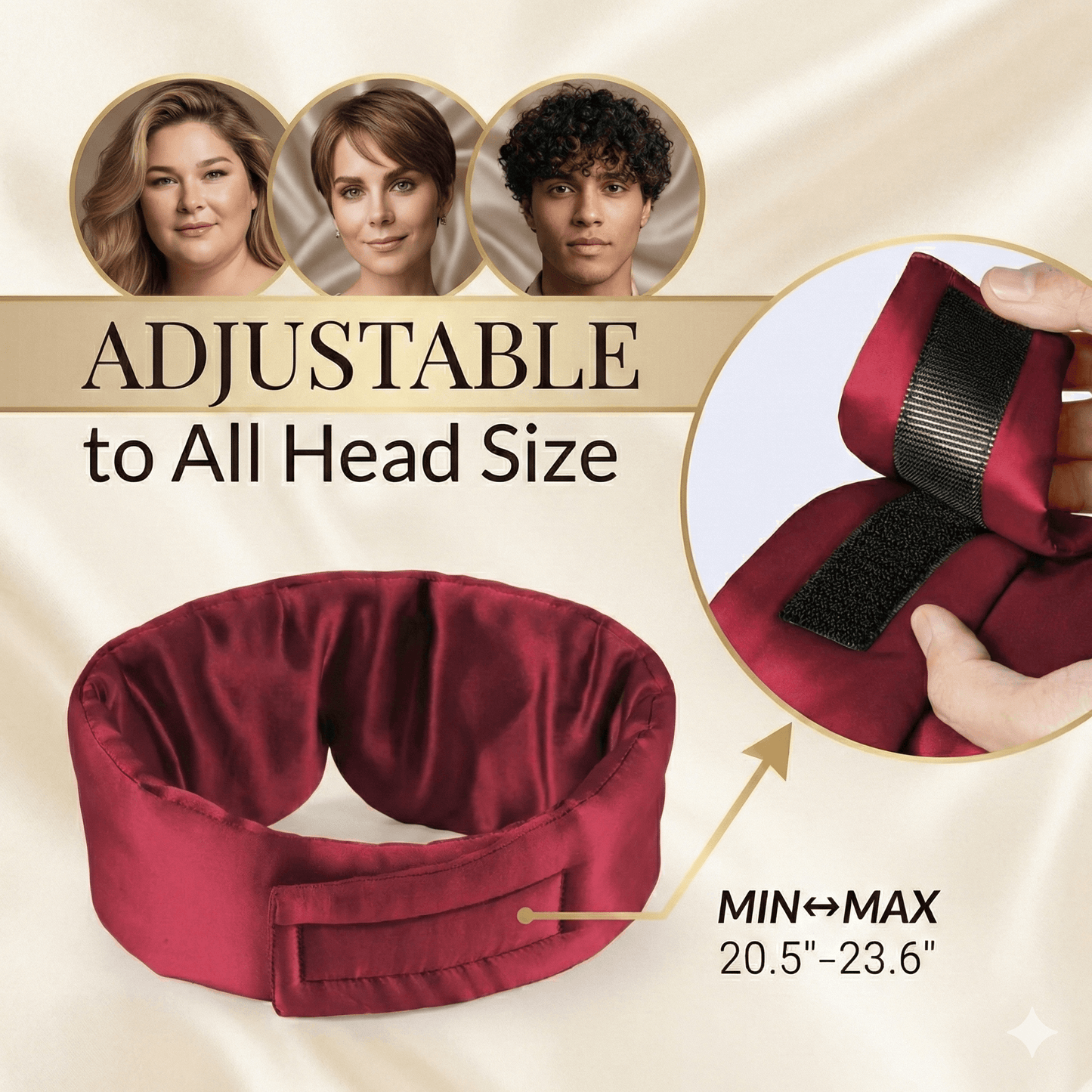 Adjustable Premium Mulberry Silk Sleep Mask for Side Sleepers fits all head sizes from 20.5" to 23.6"