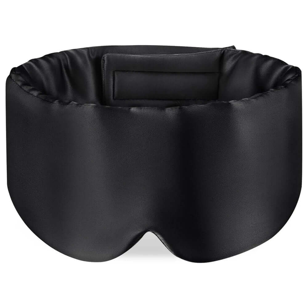 Premium Mulberry Silk Sleep Mask for Side Sleepers in smooth black fabric, designed for ultimate comfort and blackout.