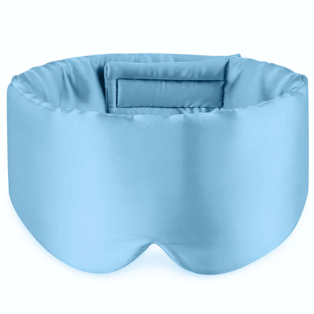 Premium Mulberry Silk Sleep Mask for Side Sleepers in soft blue color for ultimate comfort and 100% blackout.