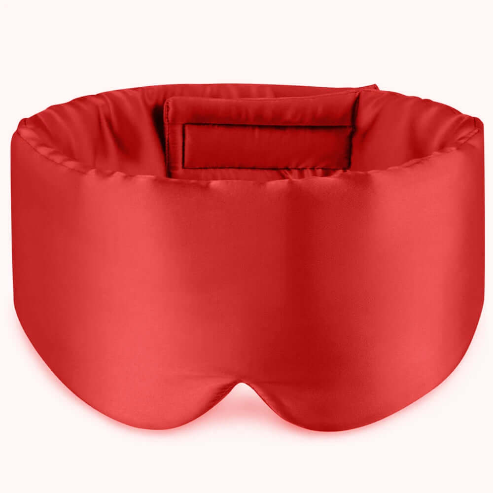 Premium Mulberry Silk Sleep Mask for Side Sleepers in red, designed for ultimate comfort and 100% blackout.